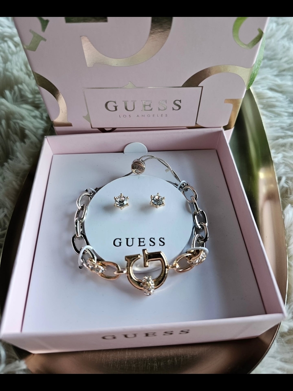 GUESS Two-Tone Heart Link Bracelet with Stud Earrings - Silver & Rose Gold